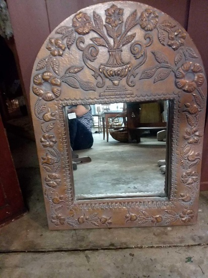 Ornate Metal Framed Mirror with Detailed Flowers