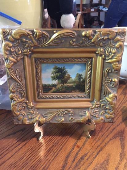 Unique small 8.25? x 7.25? Oil on board painting in ornate gold frame