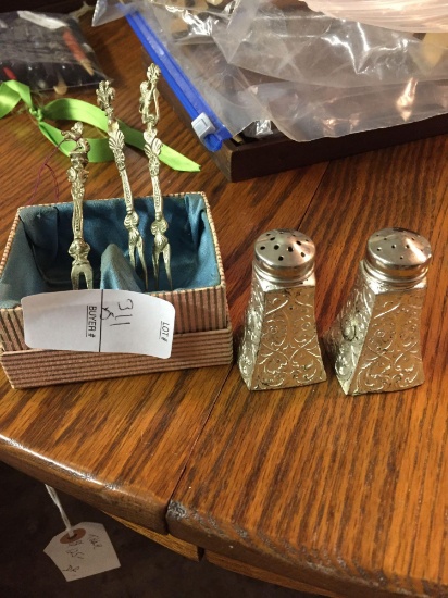 Boxed set of silverplate shakers and (3) fancy mini forks