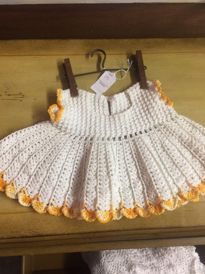 Hand Crochet doll dress on antique hanger
