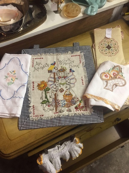 (4) Pieces antique and handmade linens and tapestry