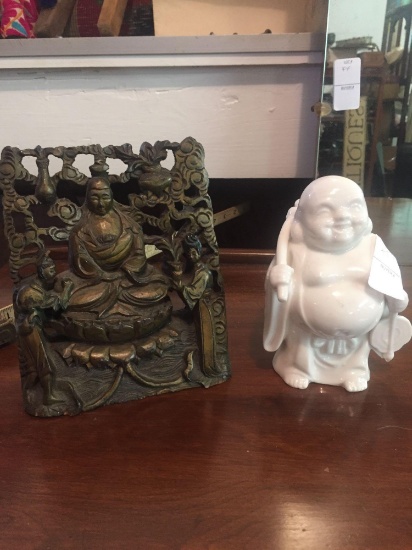 Carved wooden oriental bookend and mid century ceramic happy Buddha