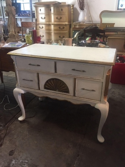 Small vintage 3 drawer buffet server. White and gold painted