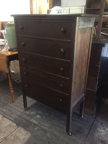 Antique petite 5 drawer chest with dressing mirror on wooden casters