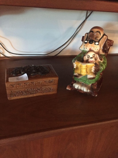 Carved wooden trinket box and vintage Lefton ceramic bank