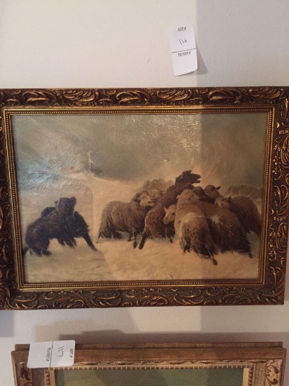 Dog Protects His Herd Painting w/ Frame