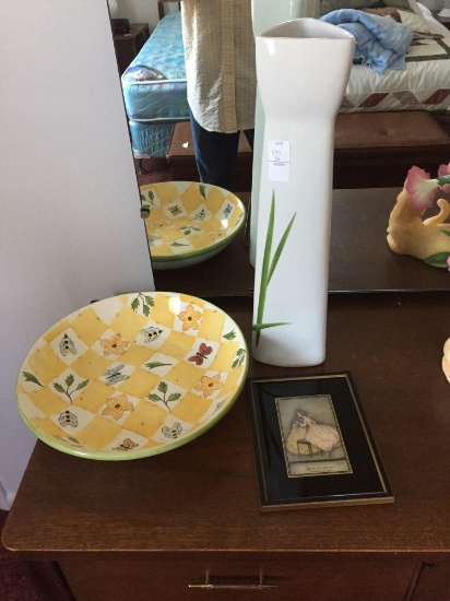 Lot of Ceramic Bowl, Ceramic Tall Vase and Small Painting