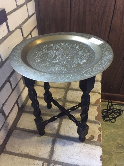 Etched Brass Oriental Small Decor Table w/ wood foldable bottom