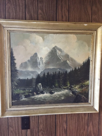 Old oil Painting on board w/ fold Frame