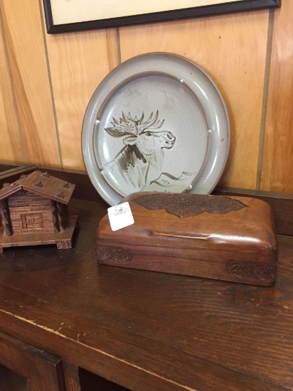 Carved wooden divided box, carved St Croix box and Large Alaskan pottery ashtray