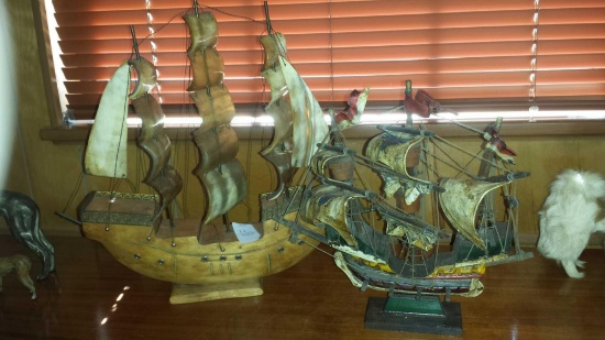 Two Handcrafted Model Ships one w/ sails made of animal horns