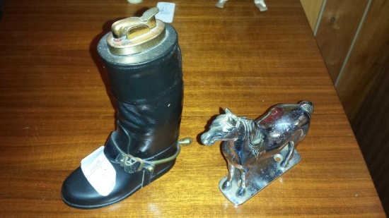 Boot Table Lighter and Cast Metal Horse