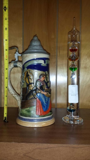 Lot of 1 Hearty German Beer Stein & 1 Colorful Galileo Barometer