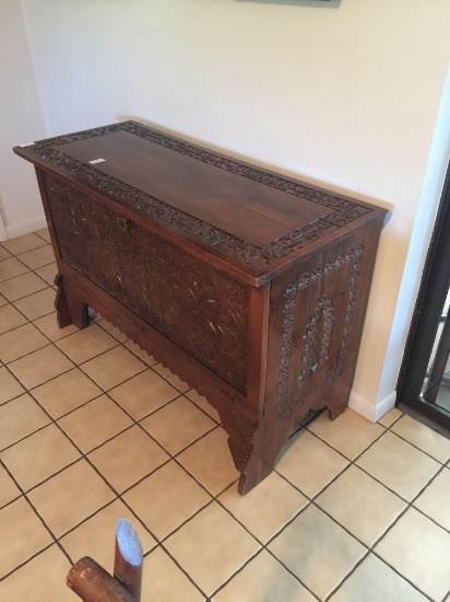 Stunning antique carved drop front chest