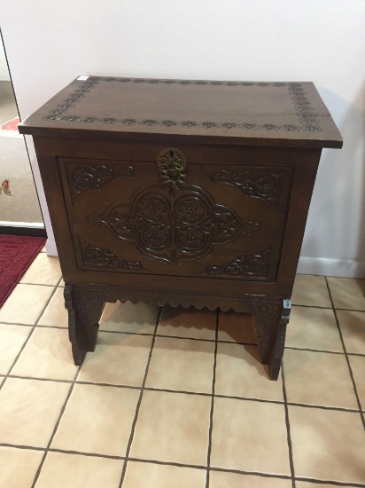 Stunning smaller antique carved drop front chest