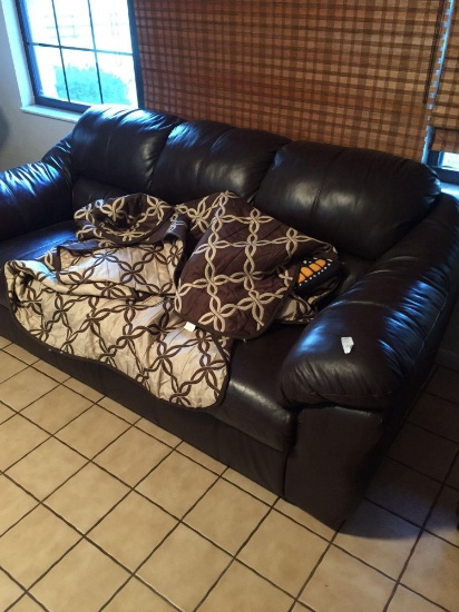 Black leather vinyl stuffed Couch w/ cover and butterfly pillows