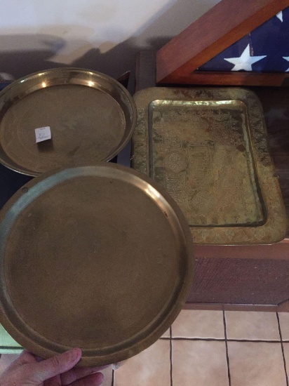 Lot of 3 Brass Trays with intricate design etched on each.