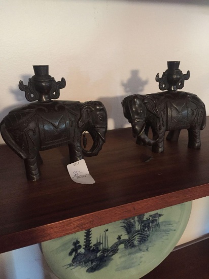 Pair of very heavy cast metal Elephant sculptures/candle holders