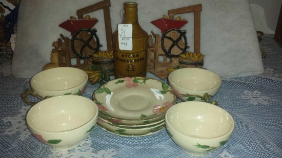Charming lot of Floral Tea Cups & Saucers, Hilder & Son Ginger Beer Bottle, & A Pair of Corn Mill
