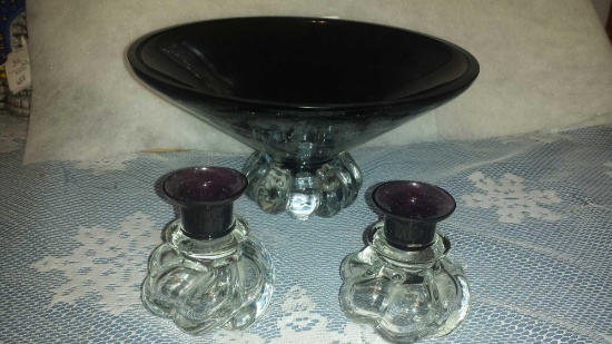 Lot of 3 Beautiful Glass Amethyst Candle Holders