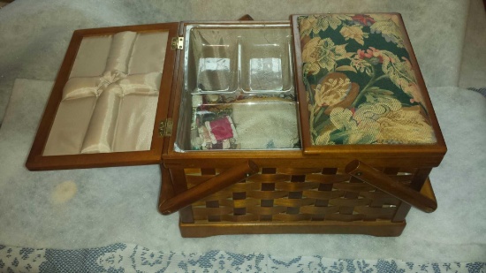 Darling Floral Wicker & Wood Sewing Basket with Handles and Contents