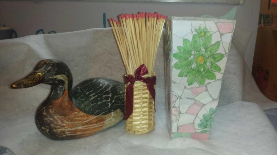 Lot of 1 Rustic Wooden Duck, wicker basket with Fireplace Matches & 1 Floral Mosaic Vase