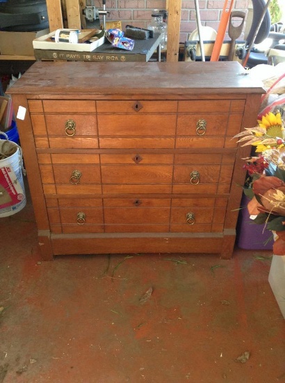 Antique Wood Three Drawer Dresser w/ Lion Head Pulls