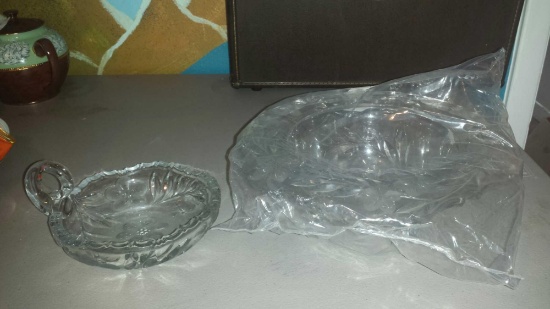 2 Pieces of Sparkling Glass w/ Matching Floral Accents (1) 3-footed Bowl w/ Wide Flat Rim. Still in