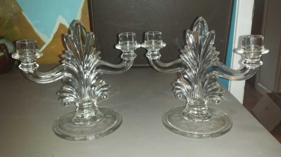 Pair of Sturdy Matching Pressed Glass Candlestick Holders