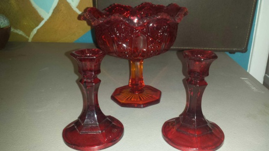 Flashy Ruby Red Compote w/ (2) Ruby Red Candlestick Holders