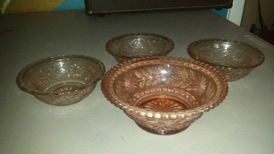 4 Sweet Pink Non-matching Glass Bowls (3) 5" (1) 6.5"