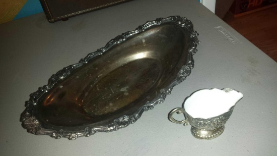 (1) Beautiful Oval Footed Tray (Regency silver?) (1) Creamer