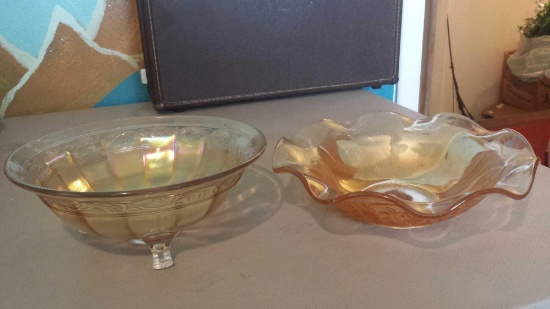 2 Dazzling Glass Pieces (1) Footed Carnival glass Bowl (1) Ruffled Edge Luminescent Bowl