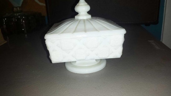 Sturdy Square Westmoreland Milk Glass Compote w/ Lid