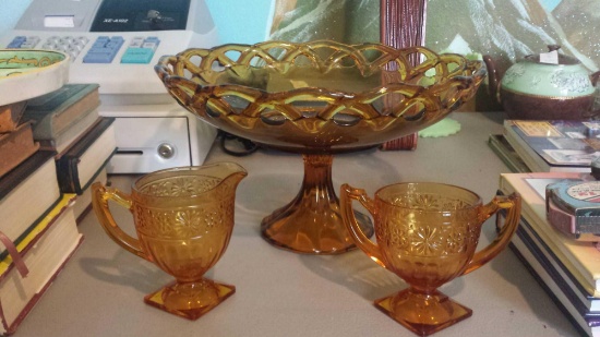 3 Vintage Amber Depression Glass Pieces (1) Pedestal / Compote Laced Edge (1) Sugar Bowl (1) Creamer