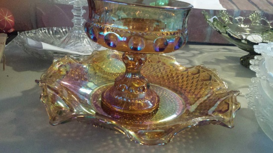 2 Amber Iridescent Carnival Glass Pieces (1) Footed Thumbprint Compote and (1) Ruffled Edge, Waffle
