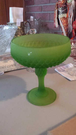 Frosted Green glass Compote with Diamond Pattern