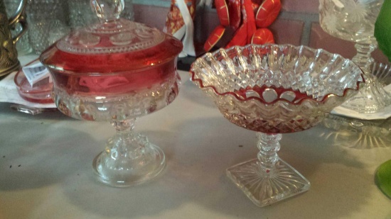 2 Westmoreland Thumbprint Compotes with Red Glass Accents (1) Covered