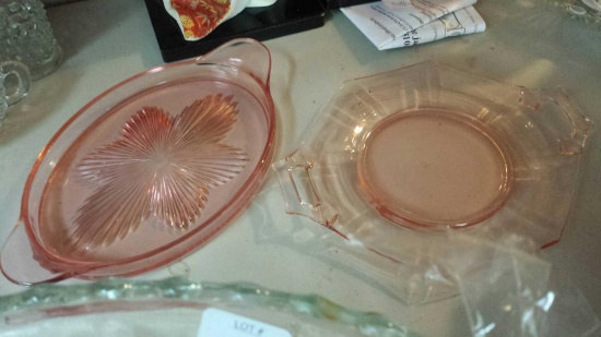 (1) Small Pink Depression Glass Veggie Tray (1) Transparent Pink Depression Glass Dish