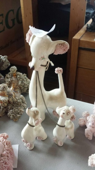 1 Larger Vintage Spaghetti Poodle with 2 Smaller Leashed Poodles attached