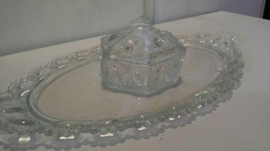 Shining Glass serving tray with egg-shapped accents and and matching cand dish with lid