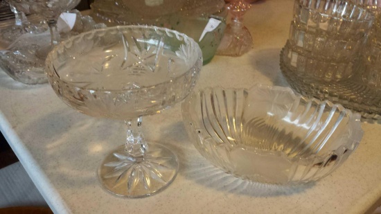 Lot of 2 Brilliant Glass Pieces (1) flora - etched Compote (1) High-edged Bowl