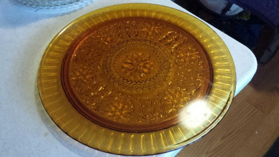 Beautiful floral amber colored platter with floral accents