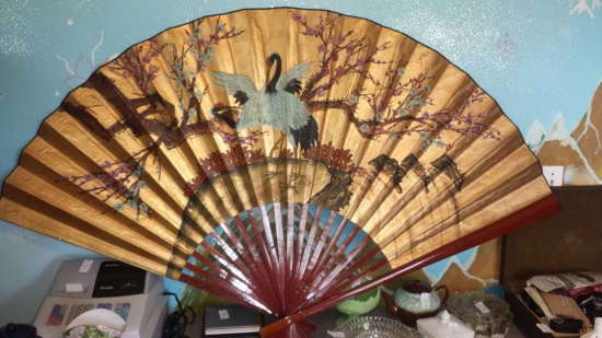 Enchanting Large Golden Oriental Fan with Cranes