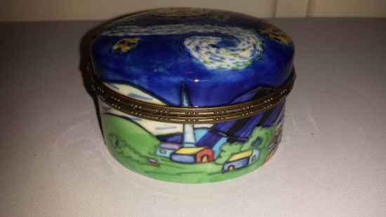 Beautifully Bright Benaya trinket box with bright colorful Village scene