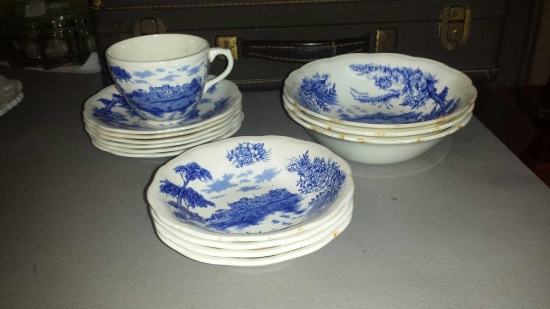 Blue Artistic British Anchor Pieces. Hand Engraving.6 Saucers, 1 teacup, 3 medium bowls, 4 small