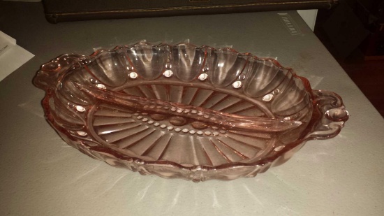 Pink depression glass divided dish with bubbled accents