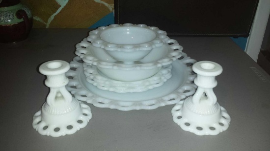 Awesome Lot of 7 Milk Glass pieces w/ Lace Edges