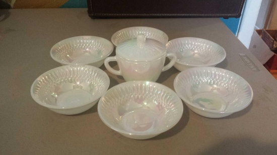Fireking White Carnival Glass. (6) Small Bowls (1) Sugar Bowl