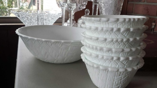 (1) Pure White 9" Milk Glass, Thatched Design Bowl with (6) 4.5" Matching Bowls